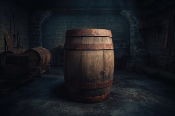 Crafting wooden barrels in a dimly lit vintage workshop