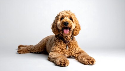 A happy golden doodle dog lying down on a white background.