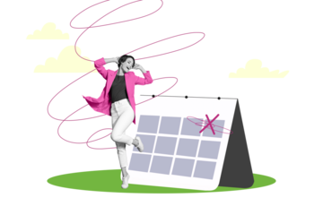 Creative collage picture young woman dance celebrate holiday weekend calendar reminder crossed sign date day drawing background
