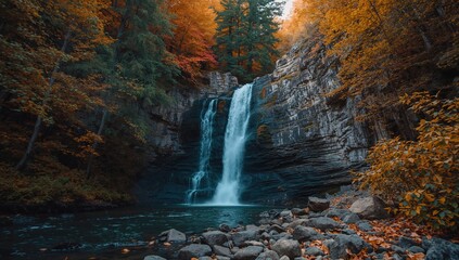 A charming waterfall nestled in ancient summer forests within mountainous terrain, created with AI technology