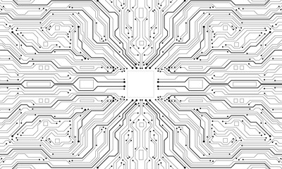 Abstract black circuit board technology connected lines electronics elements computer motherboard chip processor semiconductor digital on white background vector