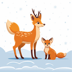 Obraz premium Das Rehkitz und das Fuchsbaby stehen nebeneinander auf einem verschneiten Feld.