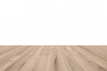 Naklejka premium Perspective view of wooden flooring with light sepia brown texture against a white wall, ideal for interior design and decorative backgrounds