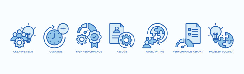 Team Performance Icon Set Isolated Vector With Icon Of Creative Team, Overtime, High Performance, Resume, Participating, Performance Report, Problem Solving In Blue Style