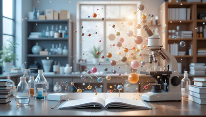 Fototapeta premium Cutting-edge research background with glowing chemical bonds and microscope detail, futuristic study concept.