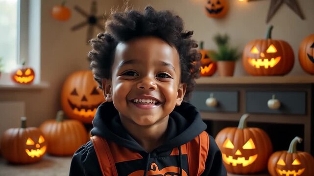 Cute blak boy against the background of a children's room decorated for Halloween. 