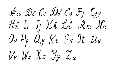 Alphabet is handwritten in black pen scrawl on white background. Doodle style English letters are uppercase and small in primitive style.