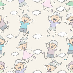 Seamless pattern with joyful children jumping amidst clouds. Cute cartoon vector illustration.
