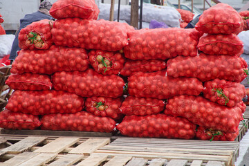 Red mesh onion sacks stacked on wooden pallets at a produce warehouse; autumn harvest sorted for sale and transport, bulk veg storage logistics. Photo