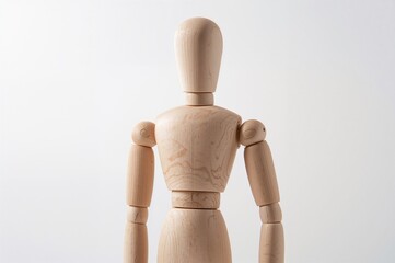 Artistic wooden mannequin standing on a plain white surface