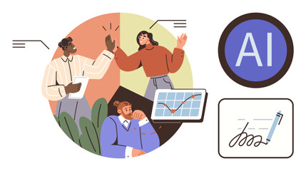 Diverse team brainstorming with charts and documents, AI icon highlighting innovation, and digital signature representing paperless workflow. Ideal for teamwork, AI adoption, technology, business