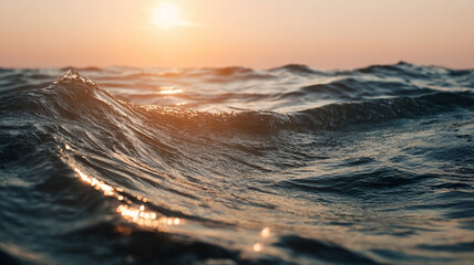 Close-up view of shimmering ocean waves at sunset. Sun rays of breathtaking beauty play on the wavy surface of the ocean. Natural background. Sea or ocean waves in windy weather. Water surface
