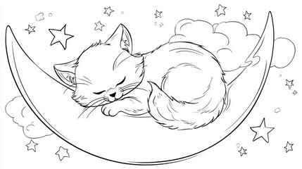 adorable kitten curled up sleeping on crescent moon with stars, cute vector line art, clean outline, black and white coloring page
