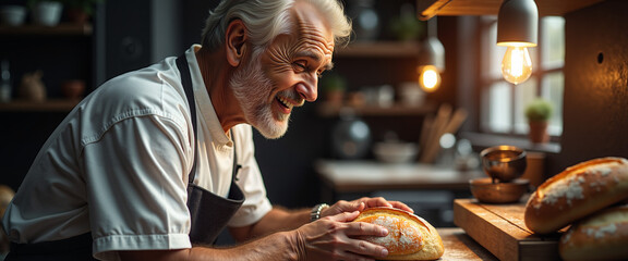 Elderly baker smiling while preparing bread in a warm kitchen  