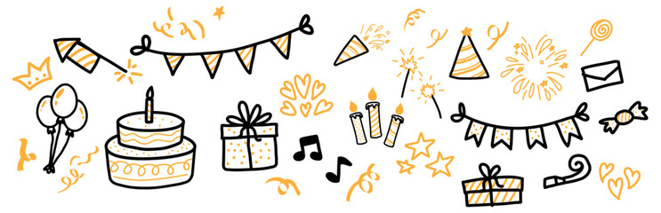doodle birthday party hand drawing icon orange and black cute sticker clip art