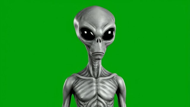 Creepy grey alien looking at the camera on a green screen, a concept for alien kidnapping, zombie kidnapping, and greenscreen kidnapping. VFX footage of an extraterrestrial