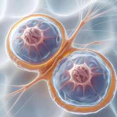 Close-up of two daughter nuclei forming during telophase.