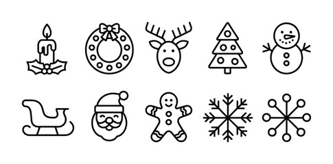 Christmas holiday line icons decoration santa snowman reindeer tree festive vector