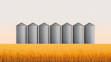 Seven Grain Silos in a Golden Wheat Field
