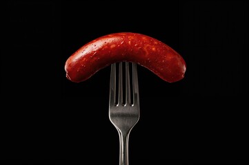 Grilled sausage pierced with a fork against a dark backdrop with ample space for text, culinary theme, dining, black setting, meal preparation, menu item, protein, red tones, metallic utensil