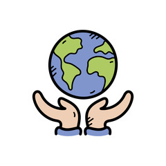 Earth Day Doodle Featuring Hands Holding Globe With Green Continents and Blue Oceans on Transparent Background Ideal for Environmental Campaigns
