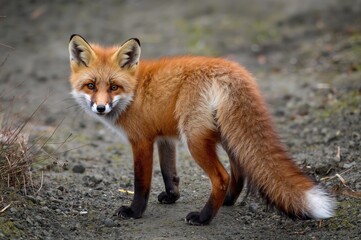 Fototapeta premium An adorable juvenile wild fox, Vulpes Vulpes, upright and alert, gazing intently backward. Featuring bright orange plush fur, pointed ears, and a lengthy bushy tail.