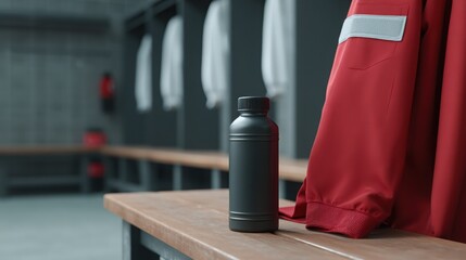 sports uniform indoors Empty locker room with a black bottle beside a red jacket on a wooden bench, creating a sporty atmosphere.