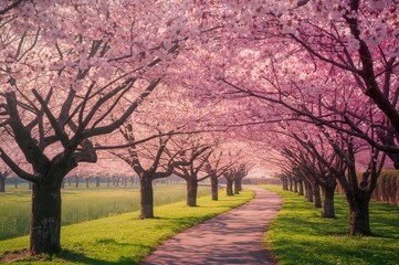 Obraz premium Beautiful spring park with a path lined by blossoming pink cherry trees and lush green grass.