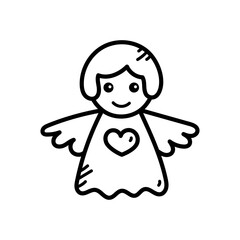 Doodle Style Outline Drawing of Angel Character with Heart on White Background