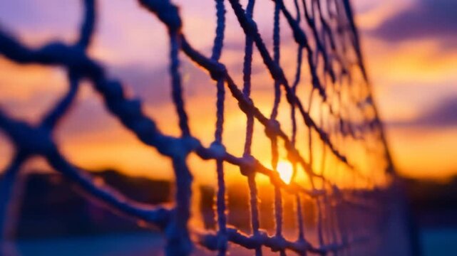 Close up view of a net against a vibrant sunset background