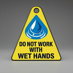 A safety warning tag with a prominent water drop icon and bold text reading.