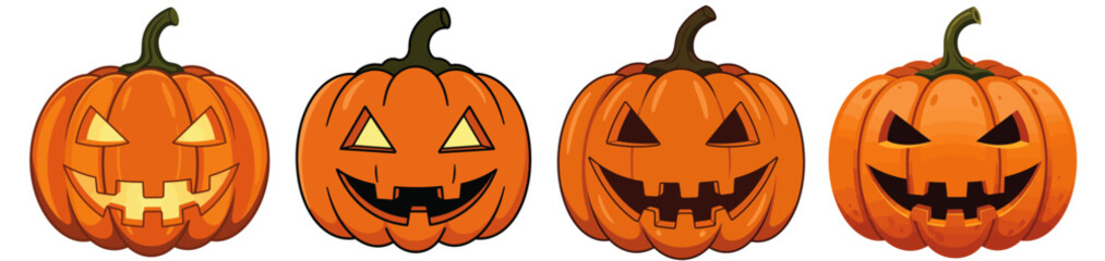 Four Halloween pumpkins with different facial expressions