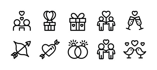 Love and wedding line icon collection with heart rings and romantic couple