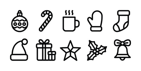 Christmas holiday line icon set with gift tree star and decoration symbols
