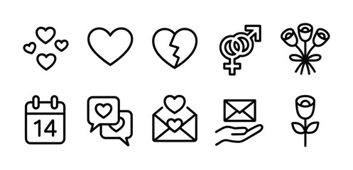 Valentine day line icon collection with heart letter and romantic love symbols