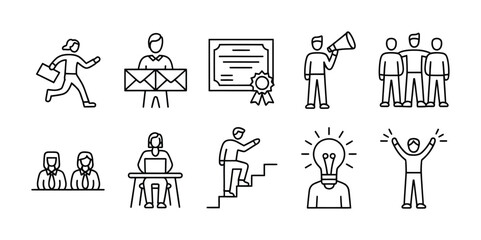 Business productivity and teamwork line icon set for office and creative success