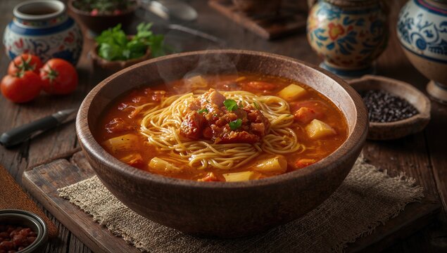 Classic noodle soup served in a rustic wooden bowl