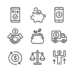 Mobile banking and finance line icon collection with piggy bank and balance scale