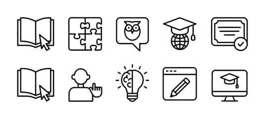 Online education and learning line icon collection with books and graduation cap