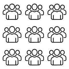Nine black line art group icons representing teamwork and collaboration.