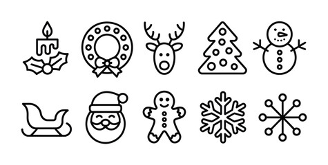 Christmas holiday line icon collection with Santa tree snowman and candle