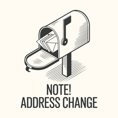 Vector art of retro isometric illustration of a mailbox overflowing with letters, with the text note address change below, conveying a message about updating contact information