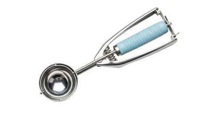 Metal ice cream scoop with blue handle on white background
