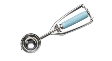 Metal ice cream scoop with blue handle on white background