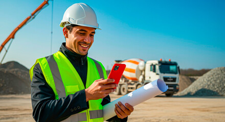 Engineer with drawings: concrete mixer already in service