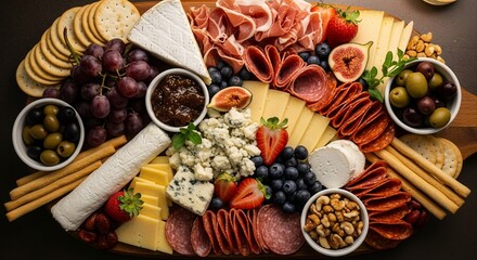 Elaborate charcuterie board with cheeses, cured meats, fruits, and olives on wooden platter, concept for party catering, gourmet food showcase, and festive gathering presentation