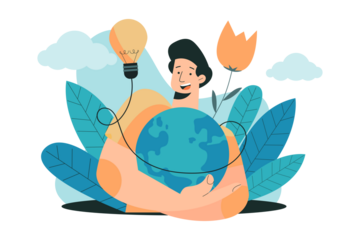 Man Holding Earth With Lightbulb and Flower Illustration for Earth Hour on Transparent Background