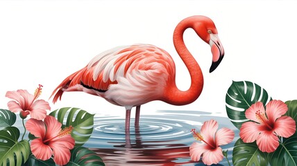 Naklejka premium Elegant Watercolor Flamingo with Tropical Flowers, Botanical Art Perfect for Summer Design, Wall Decor or Wedding Invites.