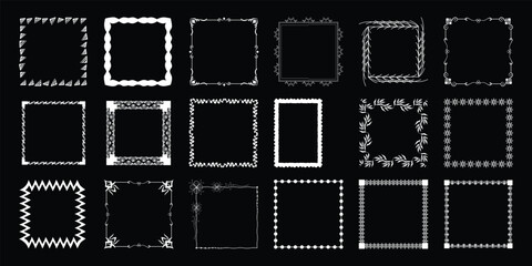 Collection of 24 Decorative Square and Rectangular White Frames on Black Background