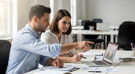 Dynamic young professionals collaborating on data analysis for strategic business growth in modern office setting with natural light